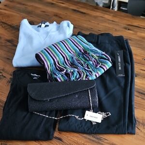 5pc.XSmall Karen Scott Light Blue Cotton Sweater, Sparkle Clutch/scarf Pant/tee